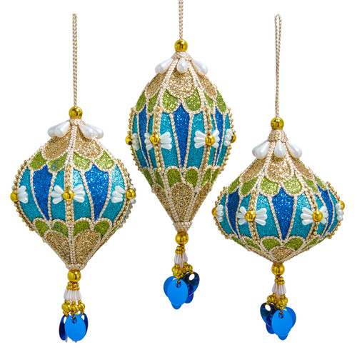 Blue, Green, Gold With Pearl & Gold Trim Finial Ornaments, 3 Assorted