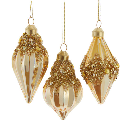 Glass Drop With Gold Beading Ornaments, 3 Assorted