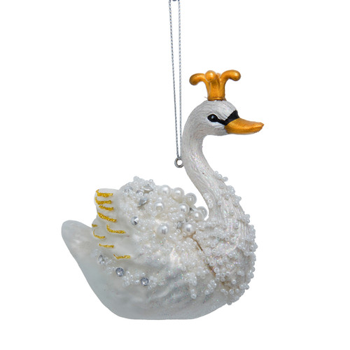 Glass Swan With Gold Crown Ornament