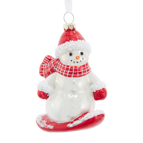 Glass Snowman On Red Snowboard Ornament