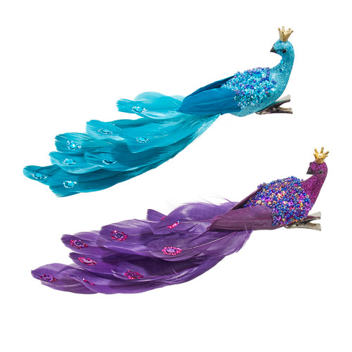 Purple & Blue Peacock With Gold Crown Clip-On Ornaments, 2 Assorted