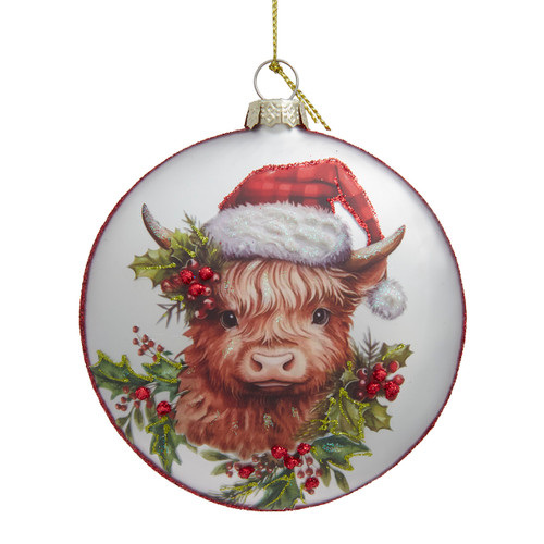 100MM Glass Highland Cow With Santa Hat Disc Ornament