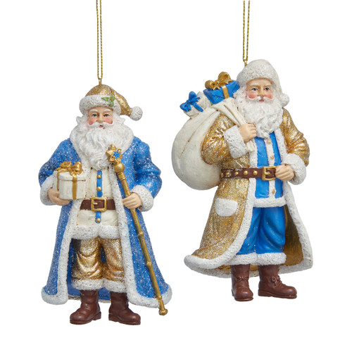 Blue & Gold Santa Ornaments, 2 Assorted