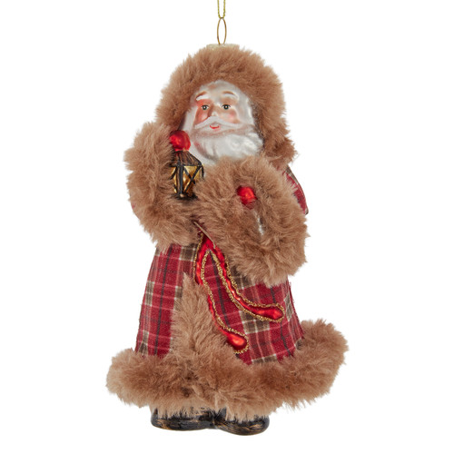 Glass Santa With Fur & Plaid Coat Ornament