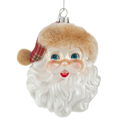 Glass Santa With Plaid Santa Hat With Fur Trim Ornament