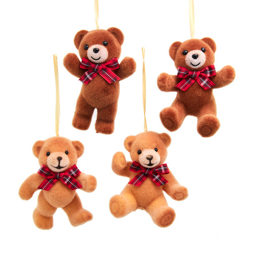 Brown & Tan Bears With Plaid Bow Ornaments, 4 Assorted 