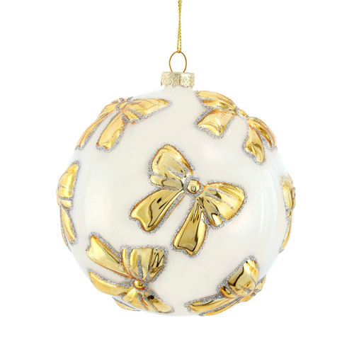 100MM Glass White Ball With Gold Bow Ornament