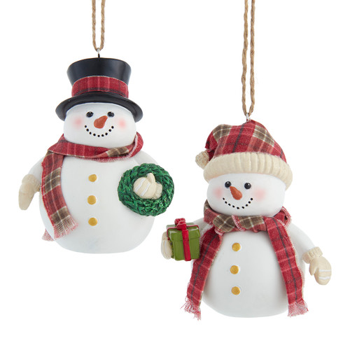 Snowman With Plaid Hat & Scarf Ornaments, 2 Assorted