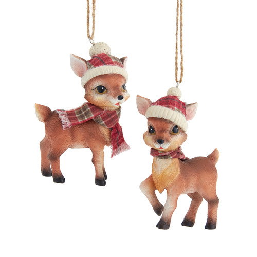 Deer With Plaid Hat & Scarf Ornaments, 2 Assorted