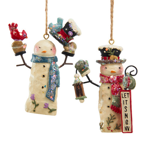 Snowman "Let It Snow" With Birds Ornaments, 2 Assorted