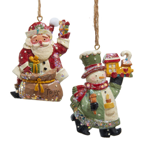 Santa With Gift & Snowman Holding Train Ornaments, 2 Assorted