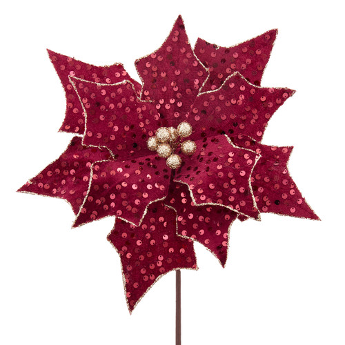 Ruby Red Velvet Sequined Poinsettia Stem