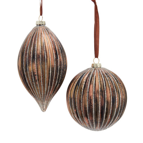 Glass Brown Ball & Finial With Gold Stripes Ornaments, 2 Assorted