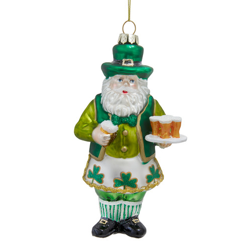 Glass Irish Santa With Shamrock and & Beer Ornament