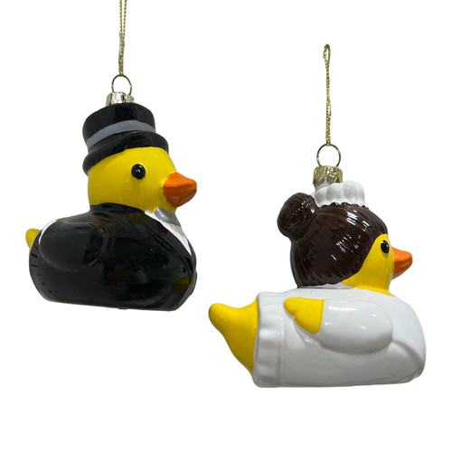 Groom & Bride Duck Ornaments, 2 Assorted