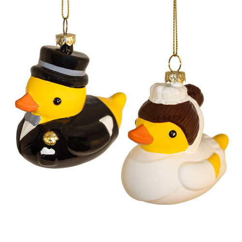 Groom & Bride Duck Ornaments, 2 Assorted