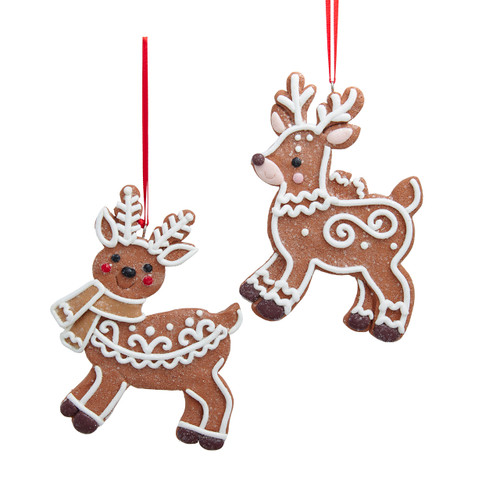 White Icing Gingerbread Deer Ornaments, 2 Assorted