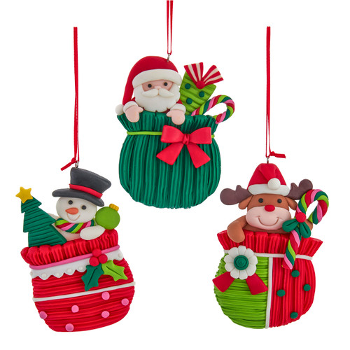 Gingerbread Reindeer, Santa & Snowman In Bag Ornaments, 3 Assorted