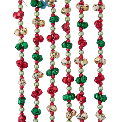 6' Red, Green & Gold Beads & Bells Garland
