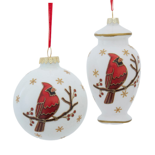 90MM Glass "Merry Christmas" Ball & Vase With Cardinal Ornaments, 2 Assorted