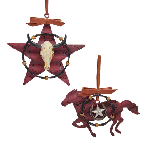 Bull Head & Horse With Western Star Ornaments, 2 Assorted