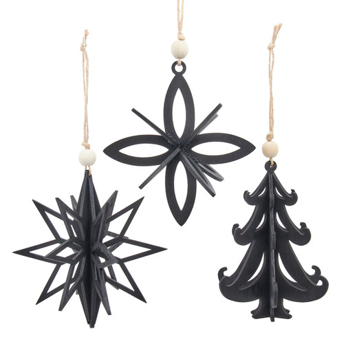 Black Star, Tree & Snowflake Ornaments, 3 Assorted