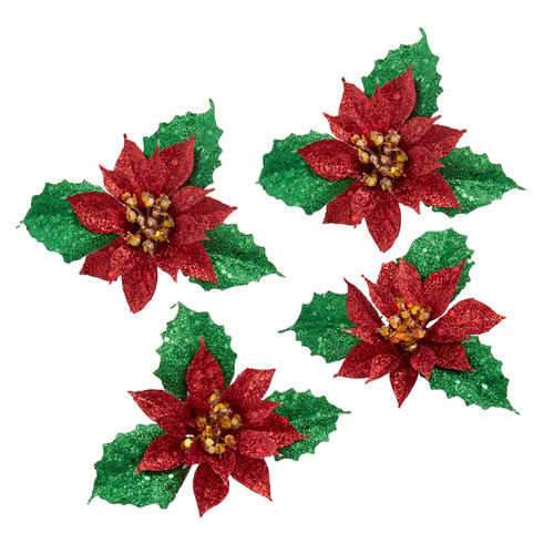 Red Glittered Poinsettia Clip-On  Ornaments, 24-Piece PDQ