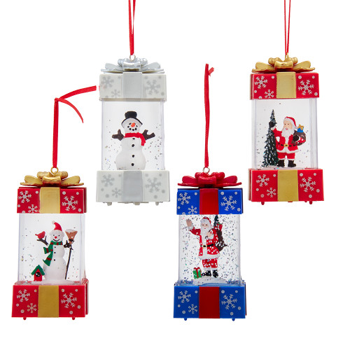 4.8" Battery Operated LED Lighted Red, Blue & White Christmas Gift Box With Spinning Glitter Table Pieces, 4 Assorted