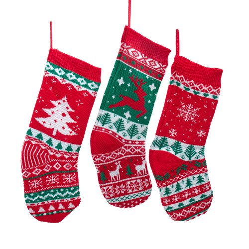 Red, Green & White With Deer, Snowflake Or Tree Design Knit Stockings, 3 Assorted