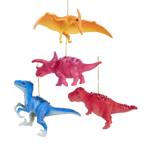 Red, Pink, Blue & Yellow Dinosaur Ornaments, 4 Assorted