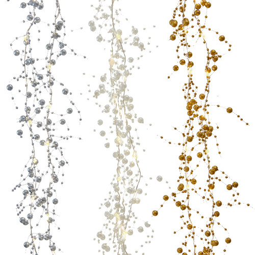 16' White, Silver & Gold Pearl LED Fairy String Light Set, 3 Assorted