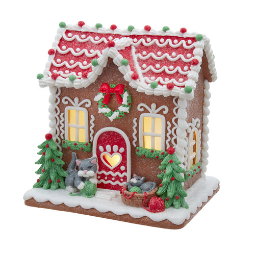 8" Battery Operated LED Gingerbread House With Cat