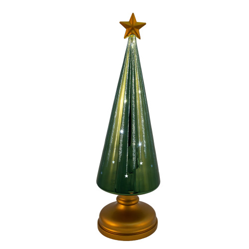 13" Glass Battery Operated Blinking LED Green Tree Table Piece