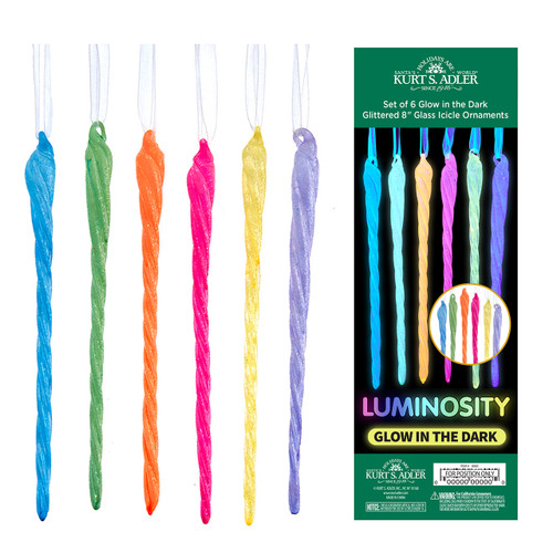 Glass Glow-In-The-Dark Glittered Icicle Ornaments, 6-Pieces