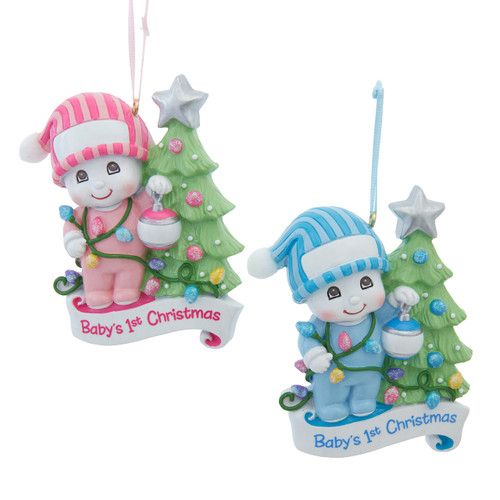 "Baby's 1st Christmas" Snowkid With Decorated Tree Ornament For Personalization, 2 Assorted