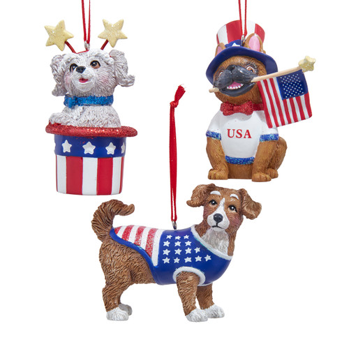 America 250th Anniversary Mutt & Frenchie Dog Ornaments, 3 Assorted