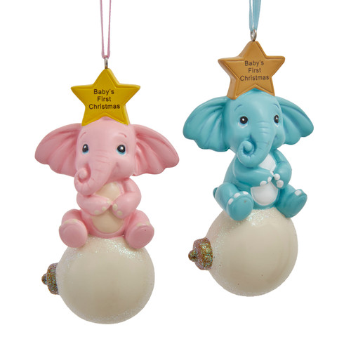 "Baby's 1st Christmas" Boy & Girl Elephant Ornaments For Personalization, 2 Assorted