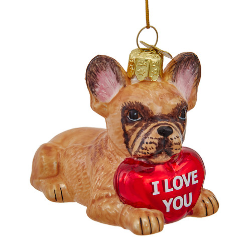 Noble Gems™ Glass French Bulldog With "I Love You" Heart Ornament