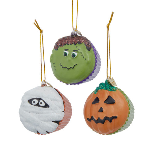 Noble Gems™ Glass Halloween Cupcake Ornaments, 3 Assorted