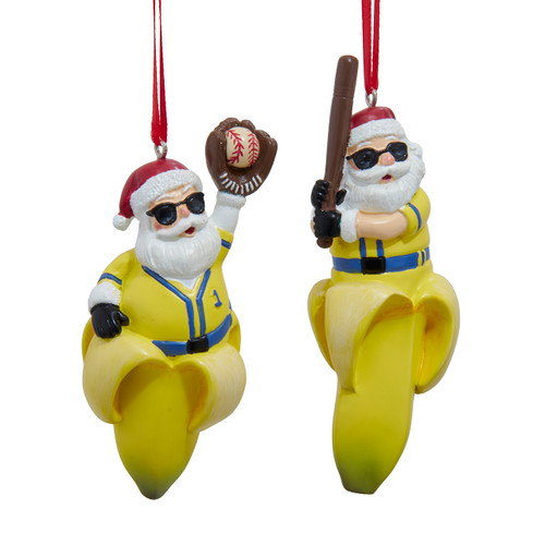 Banana Santa Playing Baseball Ornaments, 2 Assorted