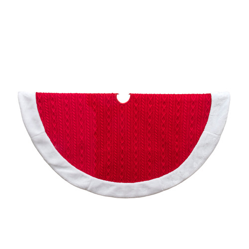 48" Red Cable Knit With White Faux Fur Border Tree Skirt