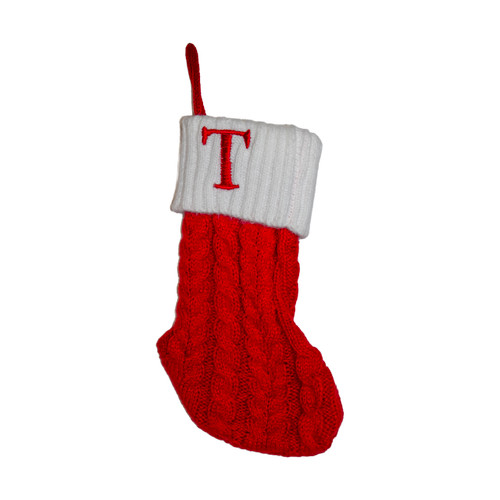 8.6" Red & White Knit Monogrammed "T" Miniature Stocking 