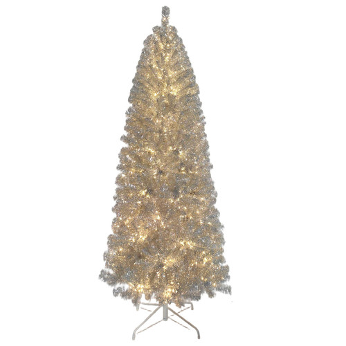 7' Pre-Lit LED Silver Tinsel Slim Tree