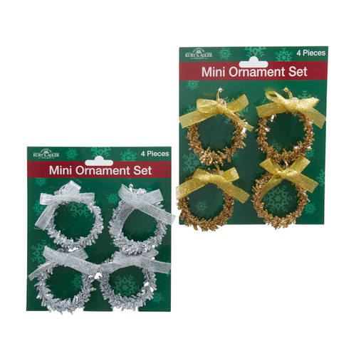 Gold & Silver Glittered Miniature Wreath Ornaments, 4-Piece Set, 2 Assorted