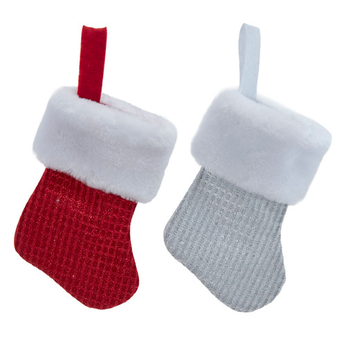 Miniature Red & Silver With Faux Fur Cuff Stockings, 2 assorted