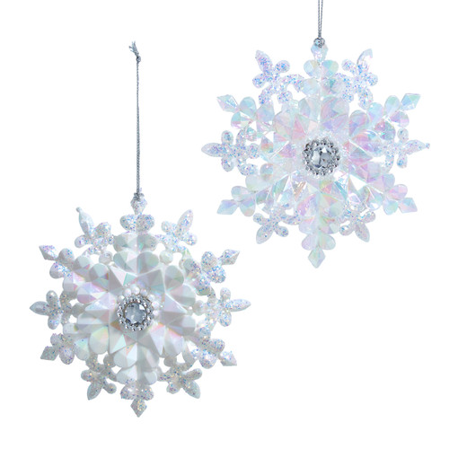Opalescent Glittered Snowflake With Gemstone Ornaments, 2 Assorted