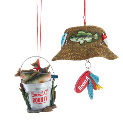 Fishing Bucket & Hat Ornaments, 2 Assorted