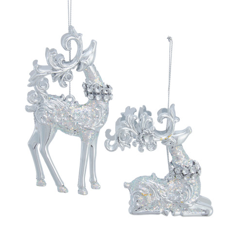 Silver Standing and Sitting Deer Ornaments, 2 Assorted