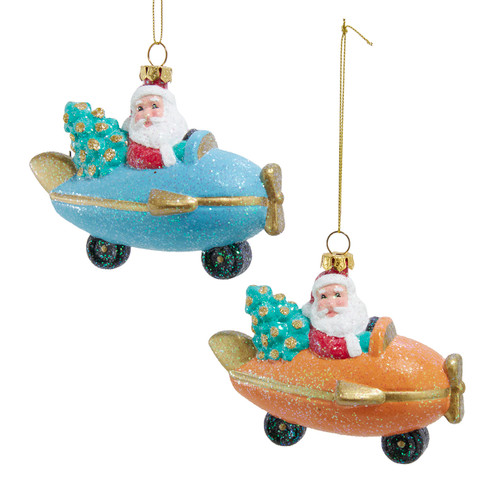 Santa In Blue & Orange Airplane Ornaments, 2 Assorted