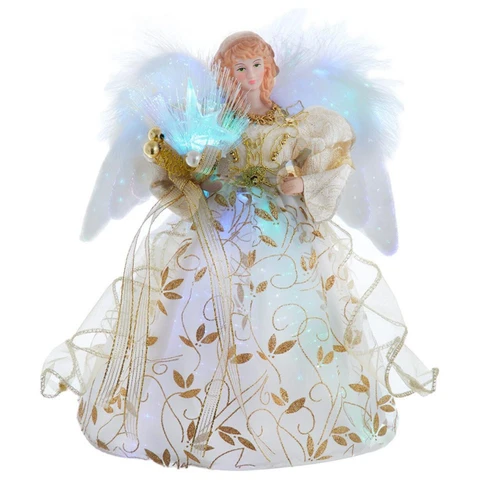 12“ Battery-Operated Fiber Optic Gold Angel Treetop with Color Changing LED Lights